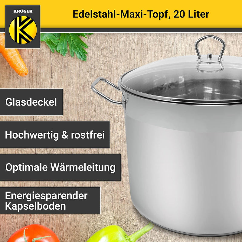 Krüger Edelstahl-Maxitopf - Kochtopf mit Deckel zum Sichtkochen - energiesparender Kapselboden - ide