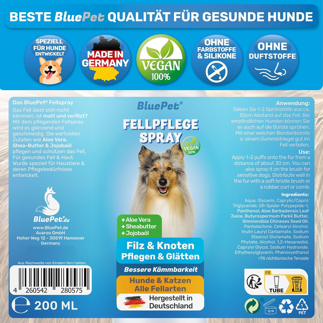 BluePet 200 ml Entfilzungsspray für Hunde &amp; Katzen I Löst Verfilzungen &amp; Verbessert Kämmbarkeit, Ant