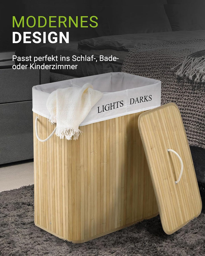 Juskys Bambus Wäschekorb Curly Natur 100L - Hygienischer Wäschekorb mit Deckel, Tragegriff & Wäsches