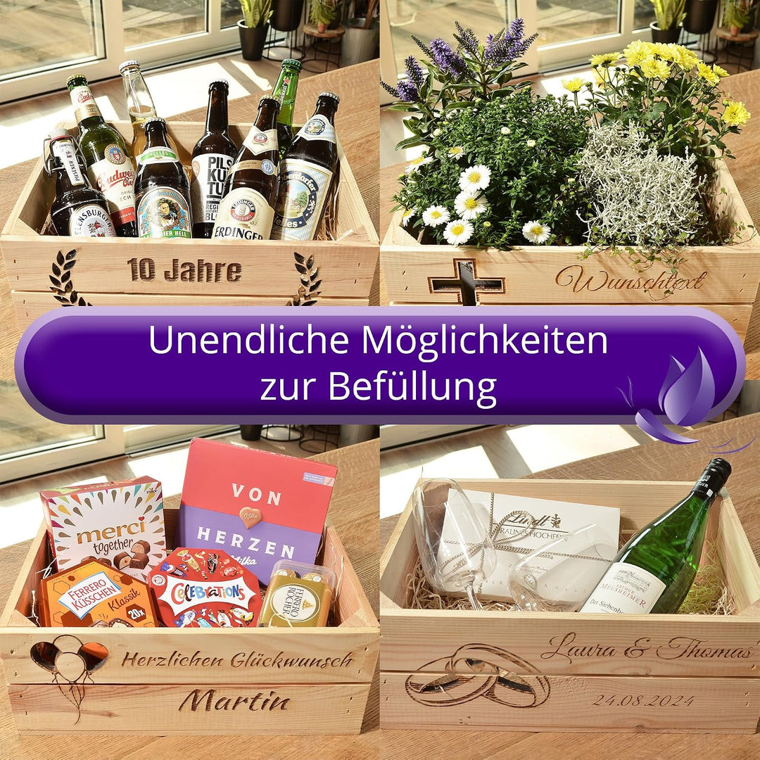 Holzkiste Personalisiert mit Wunschtext Arm für jeden Anlass - Gravierte Erinnerungskiste Geburtstag