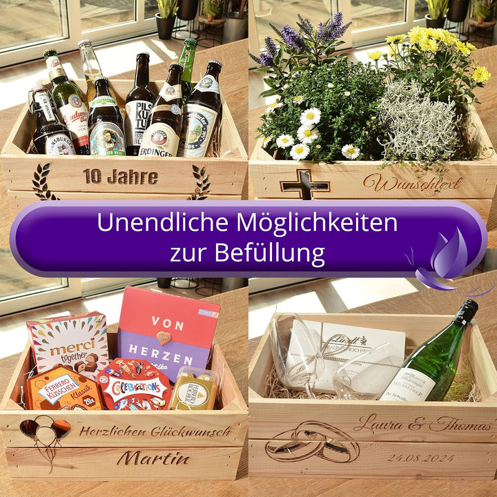 Holzkiste Personalisiert mit Wunschtext Arm für jeden Anlass - Gravierte Erinnerungskiste Geburtstag