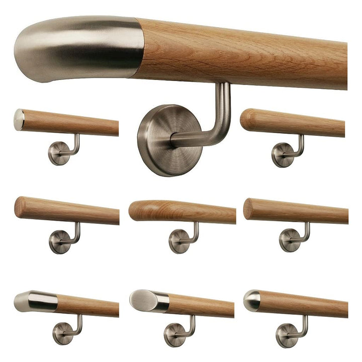TIBU Eiche Holz Handlauf Geländer 0,3m - 6m, Länge 110 cm, Ende Edelstahlbogen und 2 gewinkelte Halt