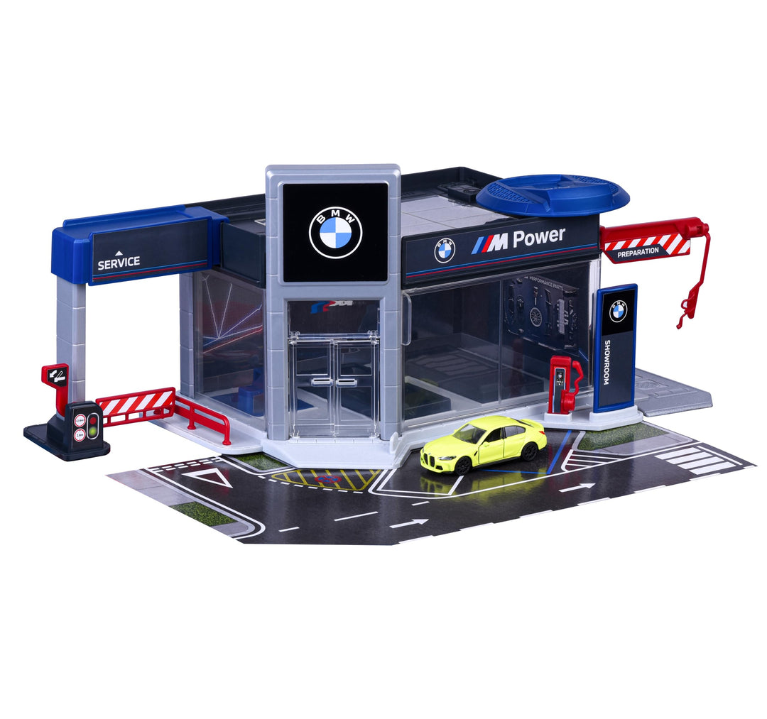 Majorette BMW Showroom Spielset mit Auto - Spielgarage mit Drehscheibe, Schiebefenster, Tor & Waschs
