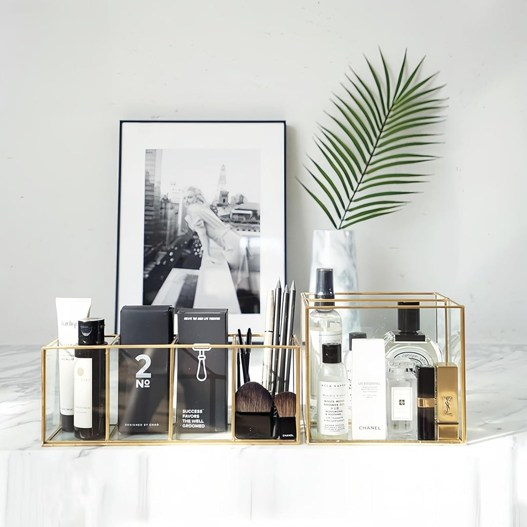 Make up Organizer, Pinselhalter, Stifthalter, Glas und Messing Schreibtisch Organizer, Kosmetik Aufb