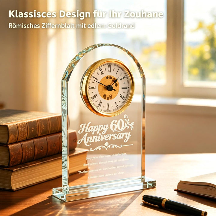 Hoypeyfiy Romantische Kristall Tischuhr, Elegante Glas Uhr für das 60. Hochzeitsjubiläum Geschenk, D