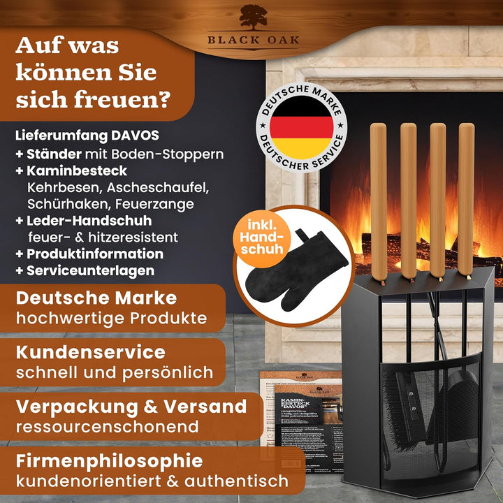 BLACK OAK Kaminbesteck DAVOS 5-teilig mit Lederhandschuh - edles & dekoratives Ofenbesteck Set schwa