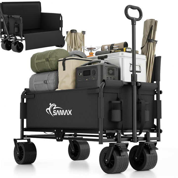 SAMAX Bollerwagen bis 200kg - 2in1 mit Bank - Faltbarer Handwagen Gartenwagen Strandwagen - Klappbar