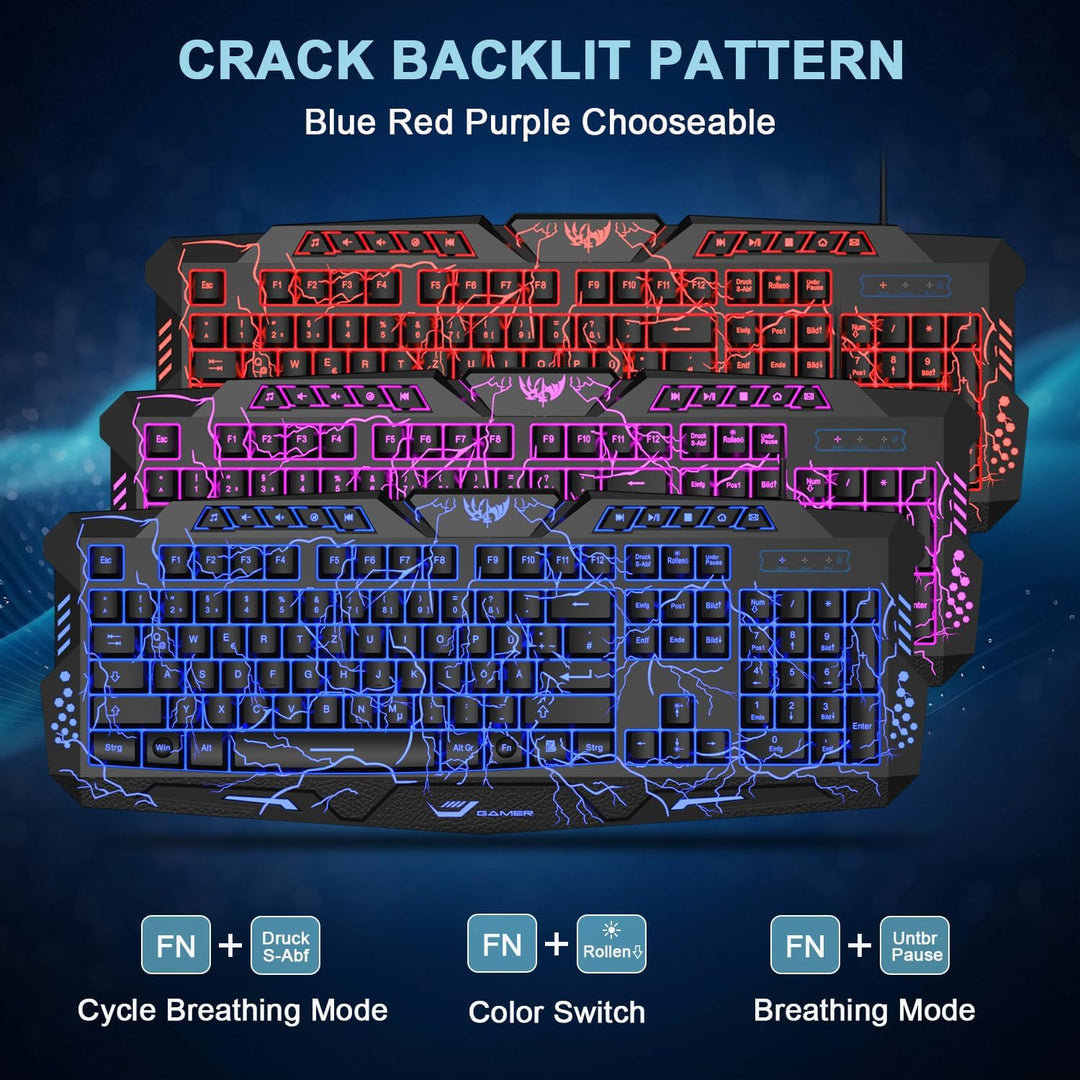 Gaming Tastatur und Maus Set mit Headset, QWERTZ DE Layout, Crack Beleuchtete Tastatur, 4 Farben LED