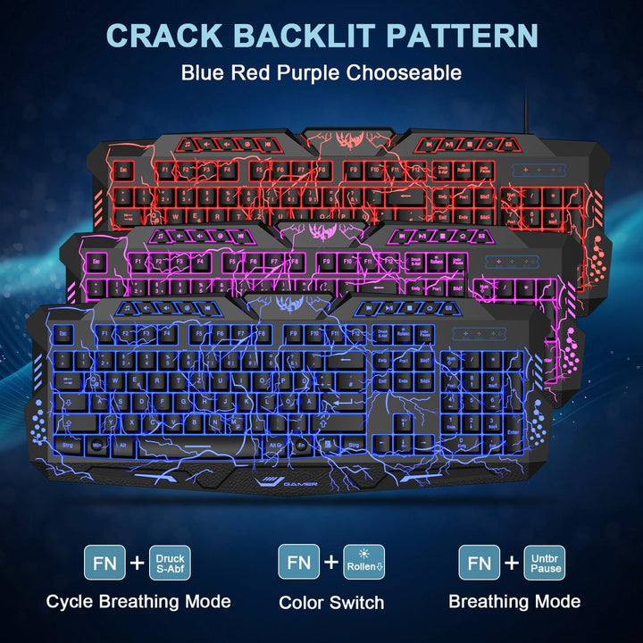 Gaming Tastatur und Maus Set mit Headset, QWERTZ DE Layout, Crack Beleuchtete Tastatur, 4 Farben LED
