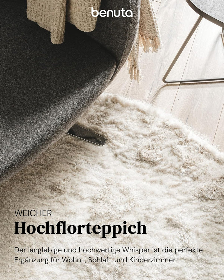 benuta Shaggy Hochflor Teppich Whisper Beige ø 80 cm rund | Langflor Teppich für Schlafzimmer und Wo