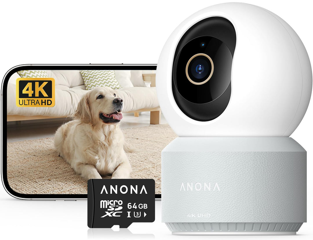 Anona Pano 4K Innenkamera mit 64 GB SD-Karte. Baby-/Haustierüberwachung per App, 360° Schwenk/Neige,