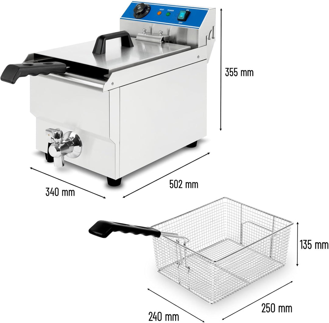 VERTES Friteuse aus Edelstahl 16 Liter Fassungsvermögen, 50-200°C, 3000W, 230V, Kaltzonenprinzip, Pr