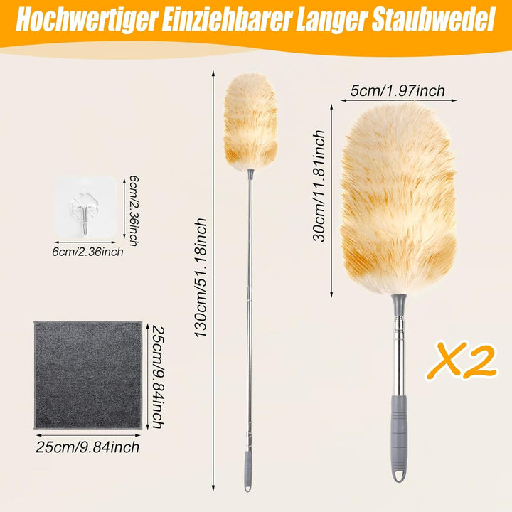 2er Set Staubwedel 130cm, Hochwertiger Lammwolle Staubwedel Teleskop, Waschbar & Kratzfrei, Weich fü