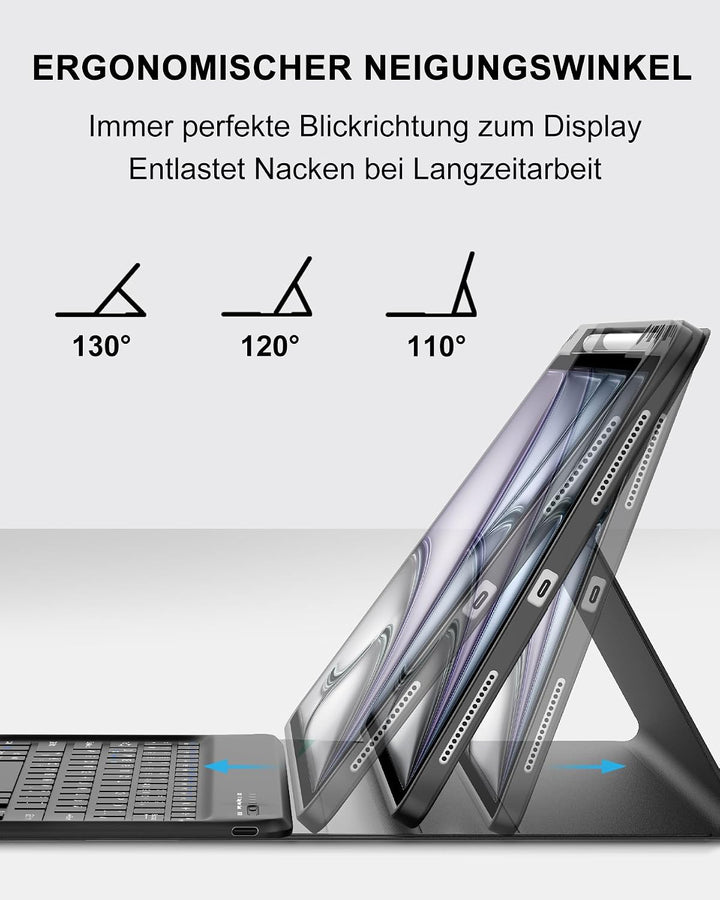 Hülle mit Tastatur für iPad Air 13" (2026 M4/2025 M3/2024 M2) & Pro 12.9" (2018-2022), Deutsches QWE