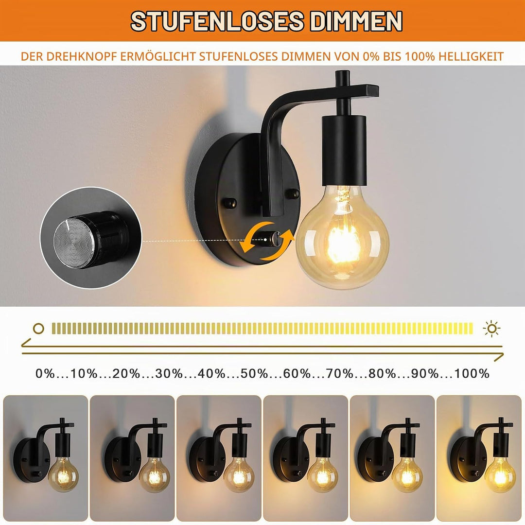 Lightess 2er Pack Industrielle Wandlampen Schwarze Wandleuchten mit dimmbarem Dimmerschalter Innen E