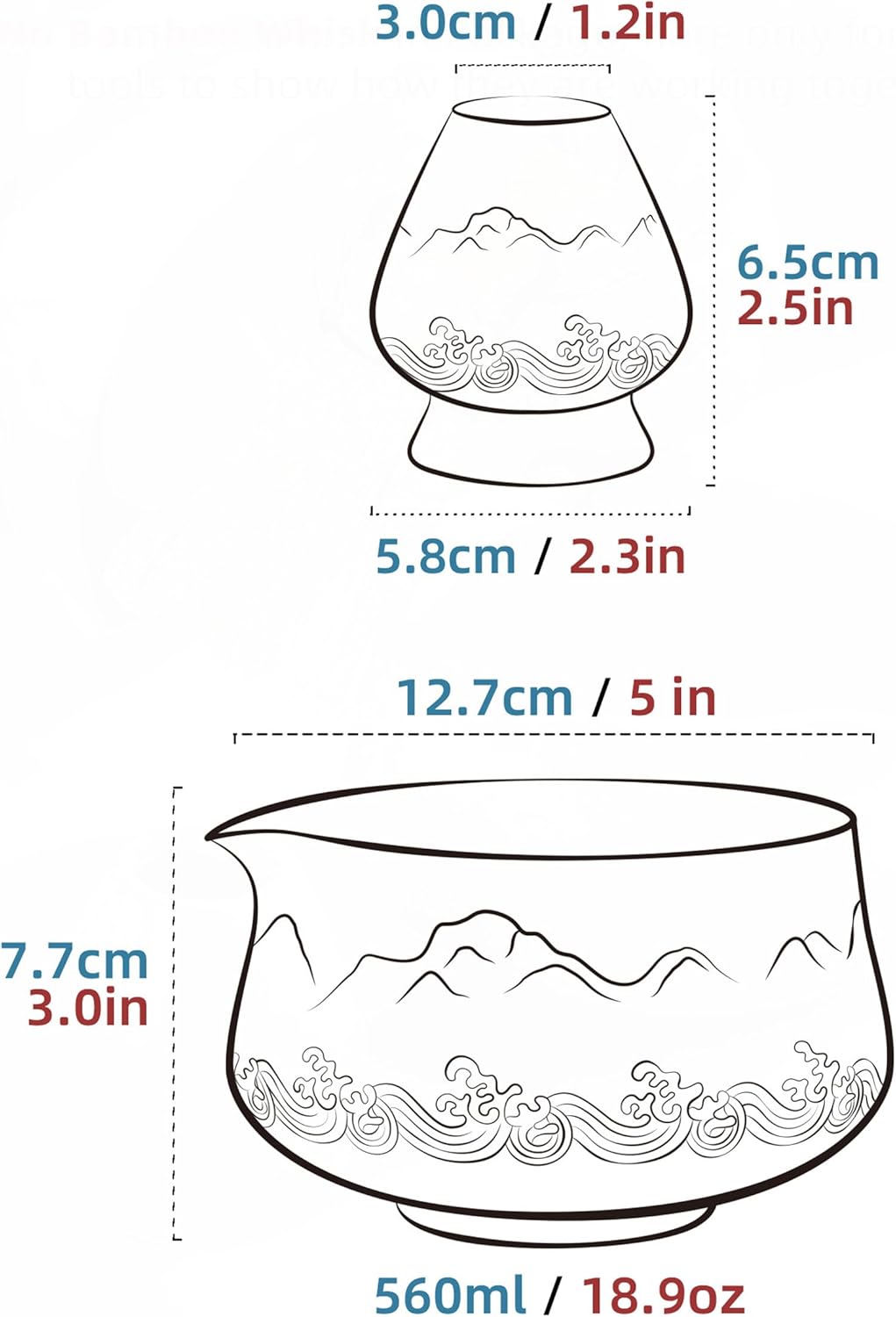 TEANAGOO Matcha Schale mit Ausgiesser,2-Pcs Fuji Design Keramik Schale und Schneebesen Halter(chawan