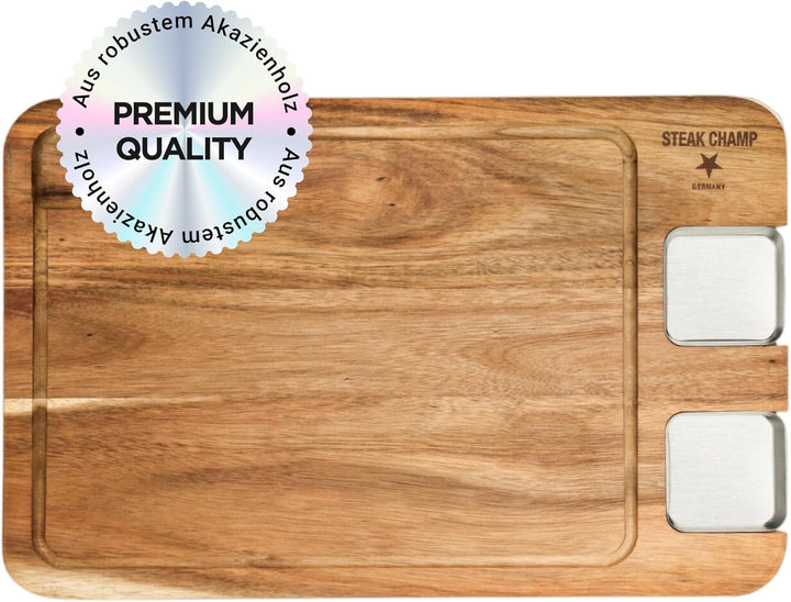 Steak Champ Premium Essbrett aus Akazie mit Sauciere: Servierbrett für Steak aus Holz ohne Gravur, o