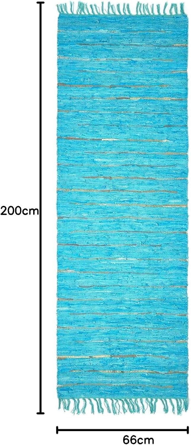 Homescapes Teppich/Läufer aus recyceltem Leder mit Glitzer-Streifen und Fransen, 66 x 200 cm, türkis