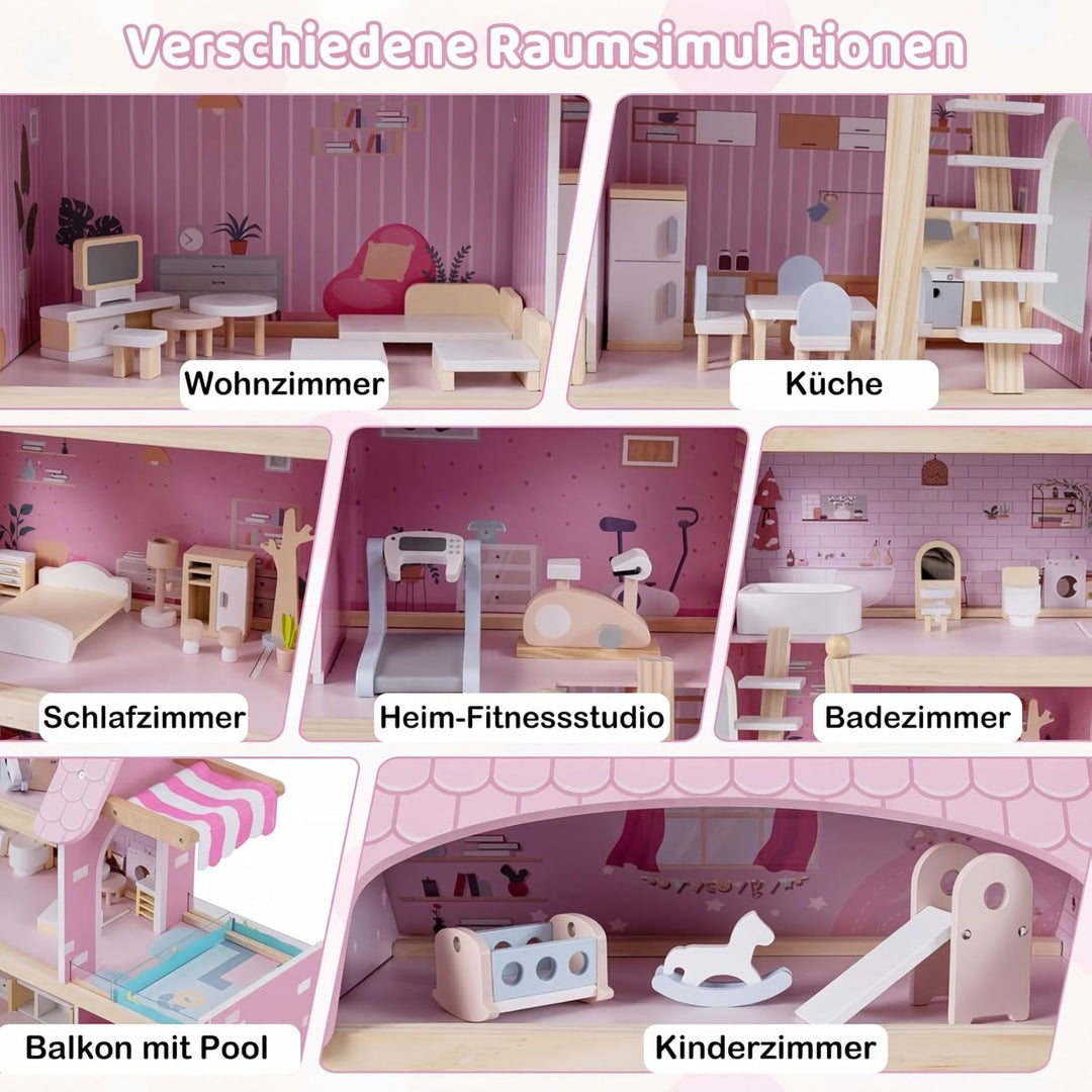 COSTWAY Puppenhaus Holz, Kinder Dollhouse mit 33 Möbelstücken, Puppenstube mit Balkon & Pool, Puppen