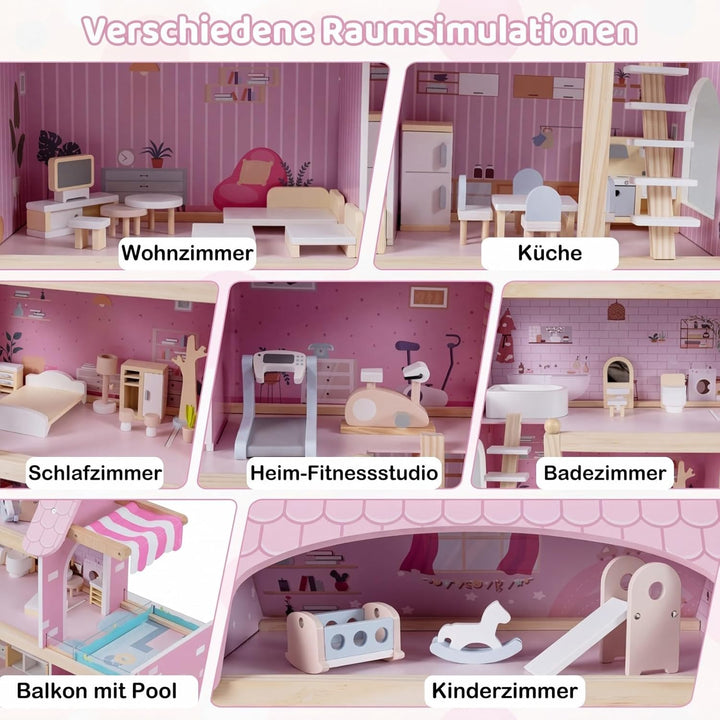 COSTWAY Puppenhaus Holz, Kinder Dollhouse mit 33 Möbelstücken, Puppenstube mit Balkon & Pool, Puppen