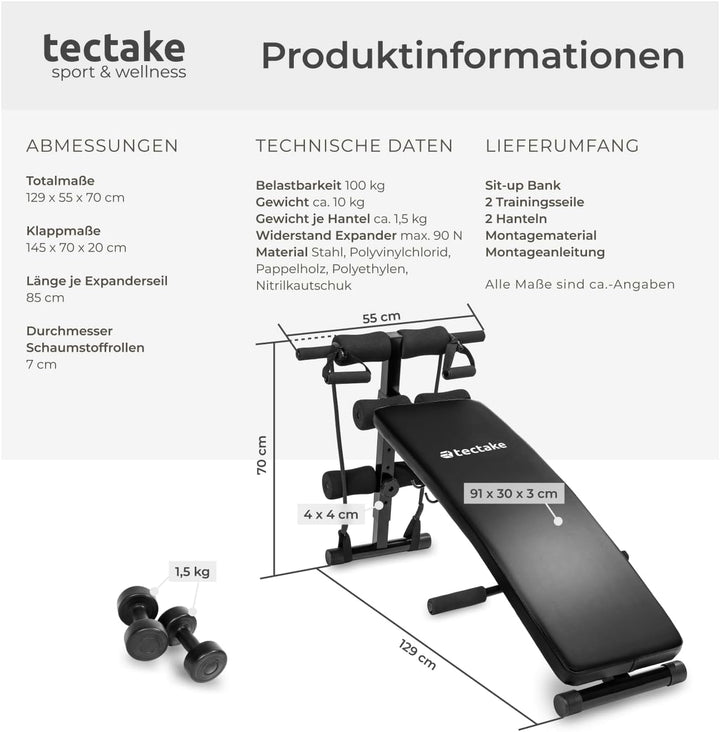 tectake Bauchtrainer 129 x 70 x 55 cm, multifunktionale Sit-up Bank aus Stahl, 5-fach höhenverstellb