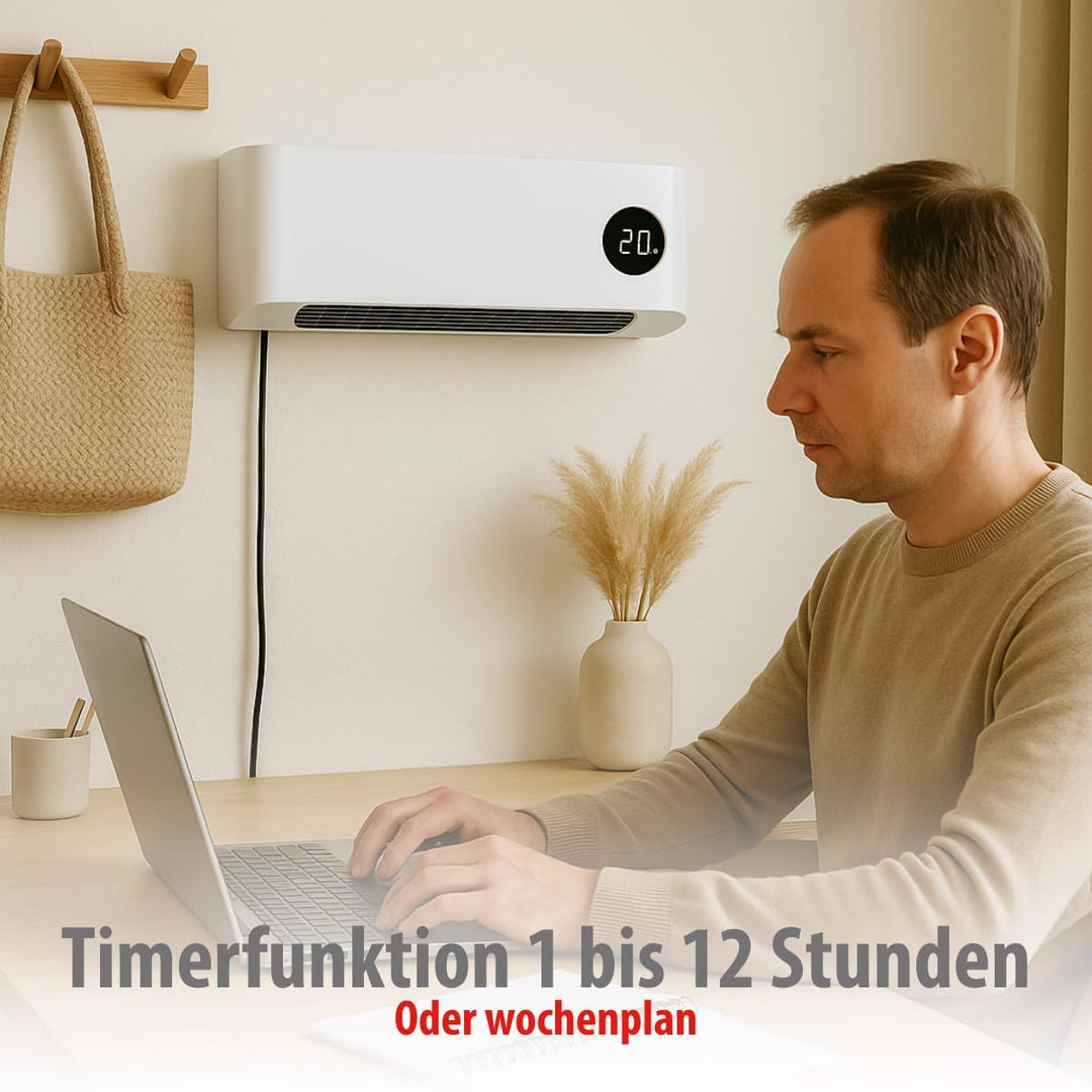 alpina Wand Heizlüfter 2000W – Keramik Heizstrahler mit 2 Leistungsstufen und Timer – Digital Thermo