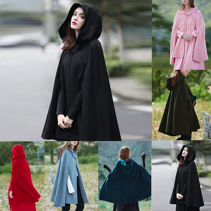 Wollen Umhang mit Kapuze Damen Vintage Einfarbig Poncho Robe Halloween Kostüm Leichte Trenchcoat Win