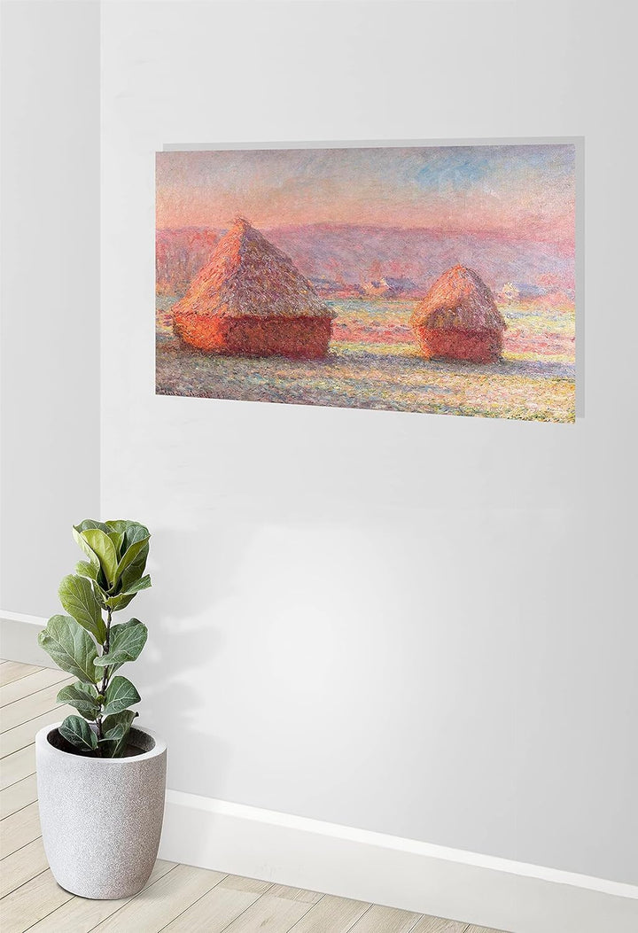 Claude Monet Leinwanddruck, Motiv Grainstacks, weisser Frost-Effekt, gespannt, gerahmt, Wandkunst, P