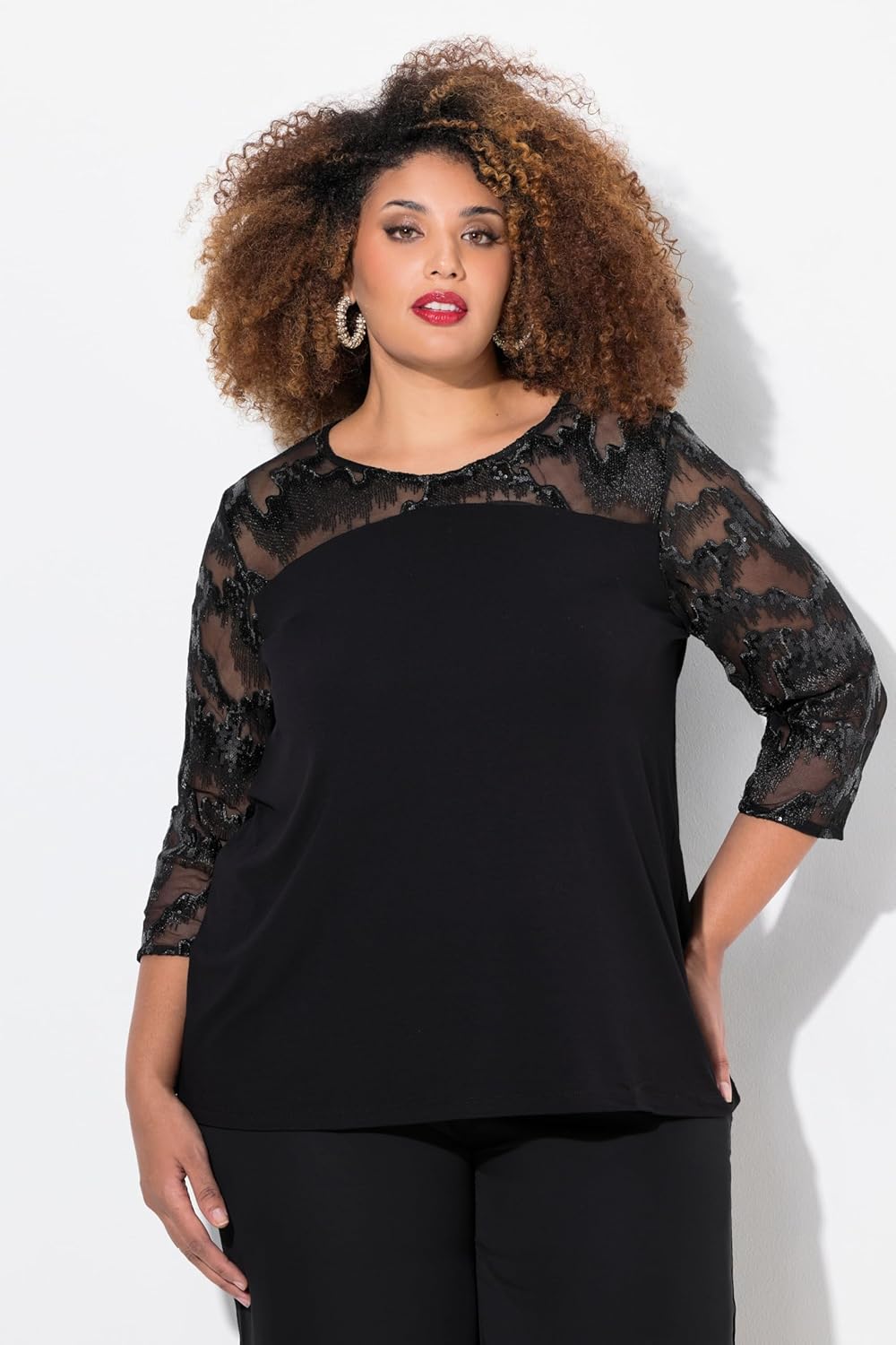 Ulla Popken Damen Shirtbluse mit Paillettenbesatz Bluse 50-52 Grosse Grössen Schwarz, 50-52 Grosse G