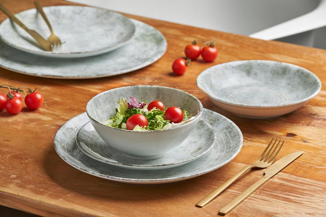 Van Well Korfu Tiefer Teller 21,5 cm grau aus Porzellan – 6er Set für Suppe Pasta & Salat Teller tie