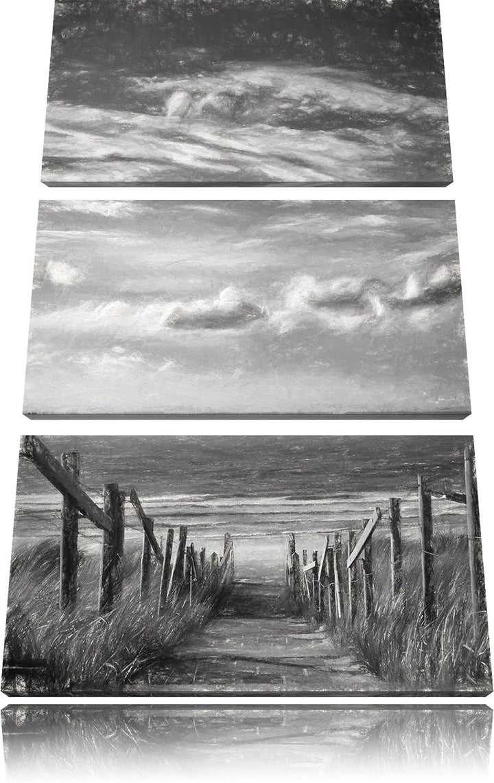 Pixxprint Weg zum Strand am Meer Kunst / 3-Teilig/Gesamtmass 120cm Leinwandbild bespannt auf Holzrah