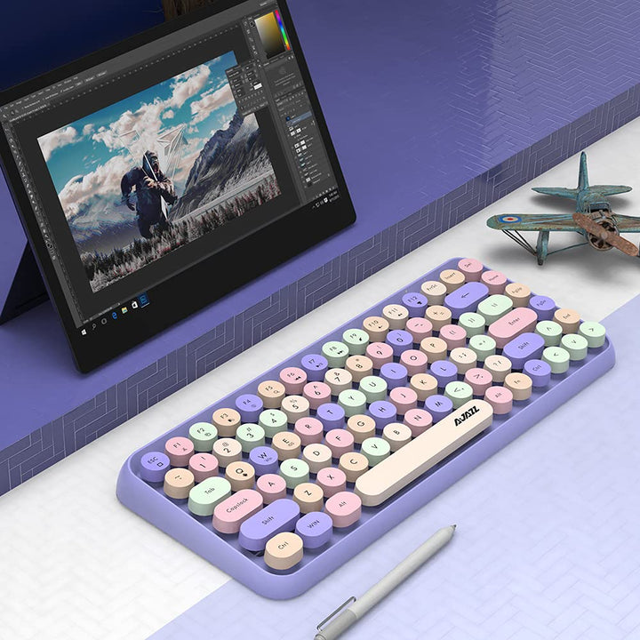 FELiCON 308i Kabellose Retro Tastatur, Bluetooth Silent Cute Computer Tastatur mit Runder Punk Taste