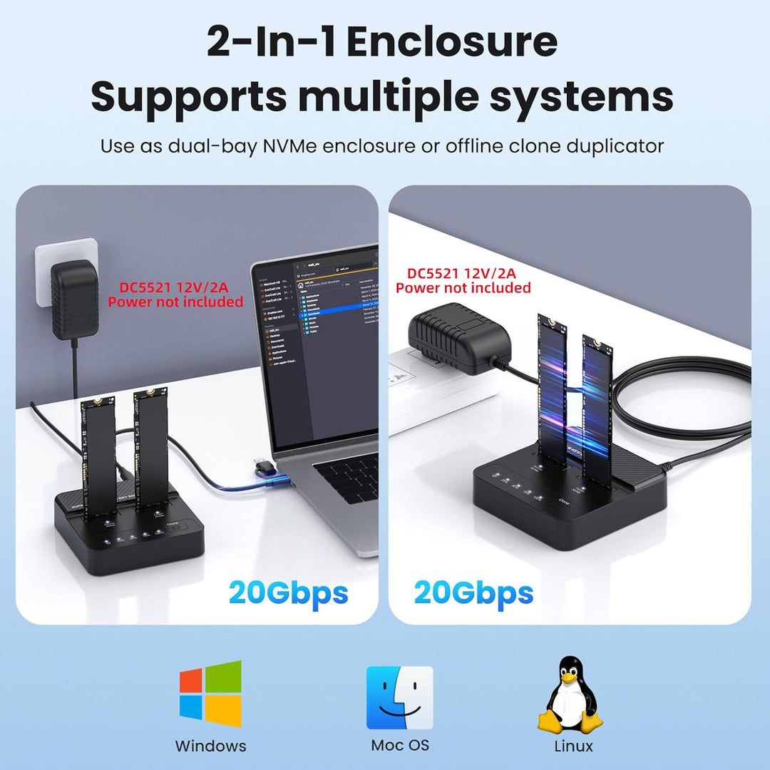 cablecc Dual-Bay Cloner 20 Gbit/s NVME M.2 NGFF M-Key auf USB-C One-Click Offline Clone Backup Gehäu