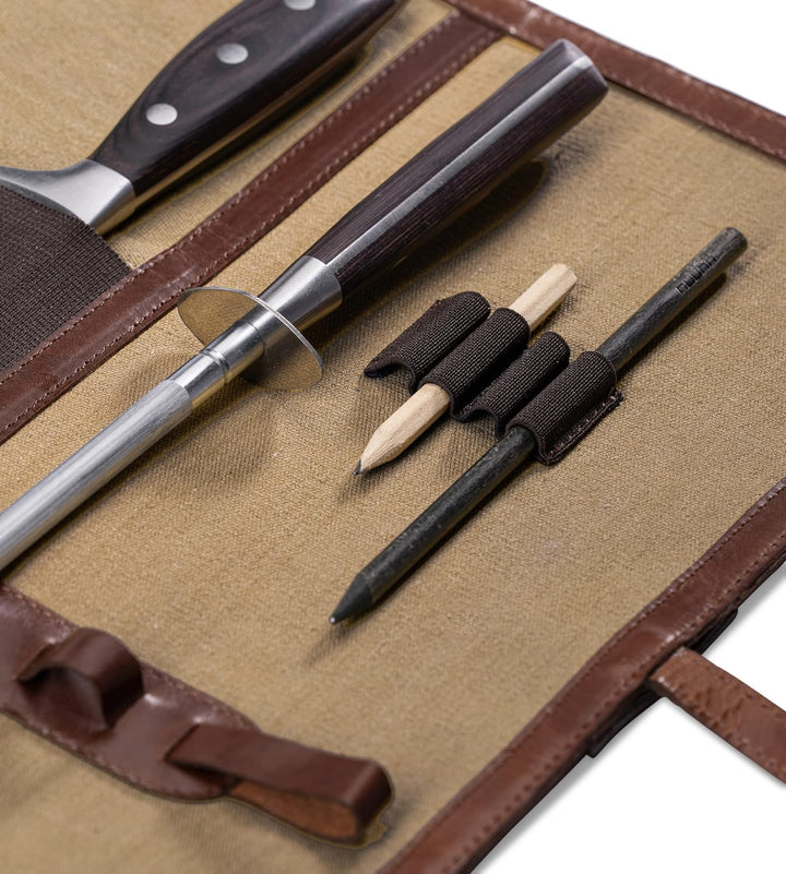 Angus Stoke Premium Messertasche für Kochmesser - Leder & Canvas Kochmesserrolle gross – Messer Tasc