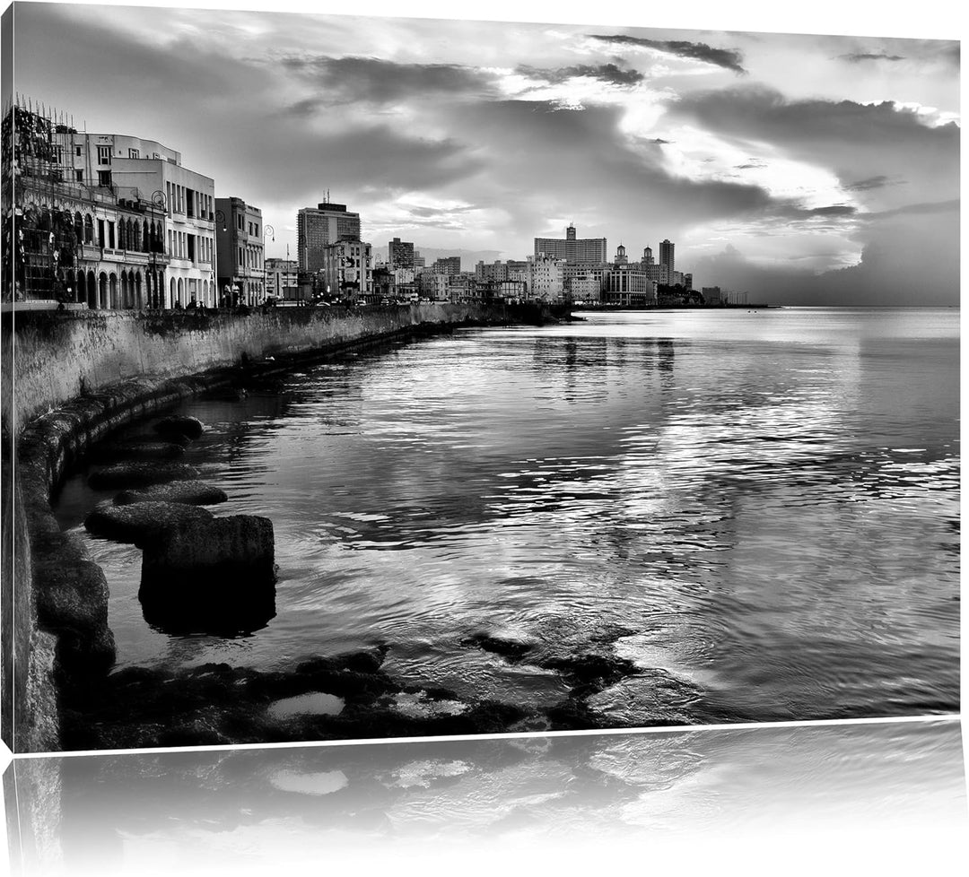 Pixxprint Blick auf Stadt am Meer / 100x70cm Leinwandbild bespannt auf Holzrahmen/Wandbild Kunstdruc