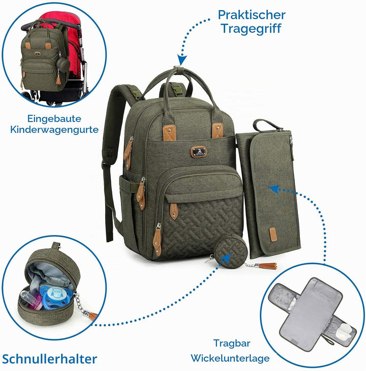 Wickeltasche Rucksack - Dikaslon Grosser Wickelrucksack mit Multifunktions-Babytaschen, Armeegrün