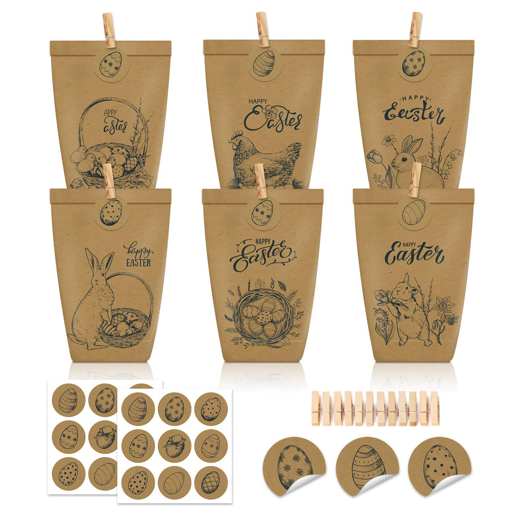 12 Stück Geschenktüten Ostern, Schwarz bedruckte Papiertüten mit Osterhasen, Papiertüten Ostern Oste