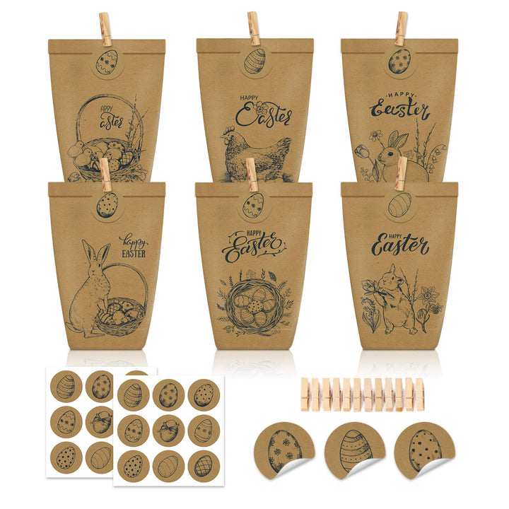 12 Stück Geschenktüten Ostern, Schwarz bedruckte Papiertüten mit Osterhasen, Papiertüten Ostern Oste