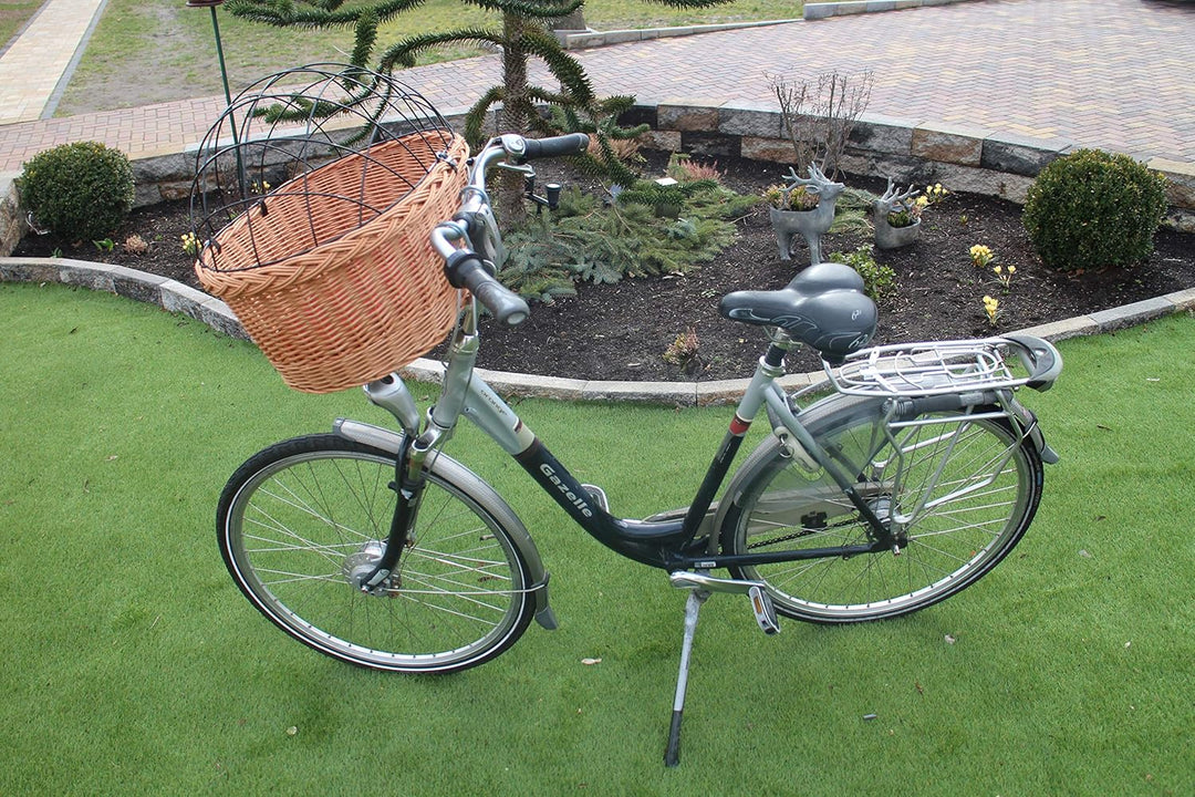 Hundefahrradkorb für Fahradlenker aus Weide mit Metallgitter und Kissen XL oder XXL Lenkrad Weidenko