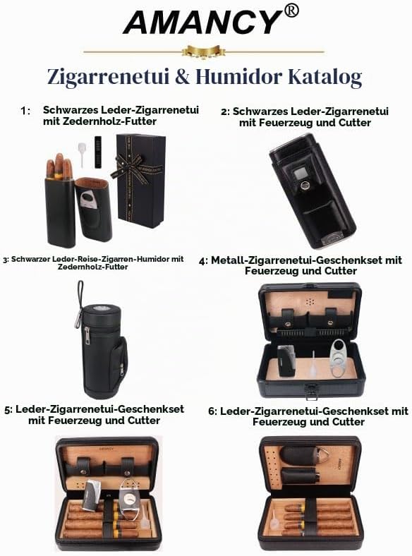 AMANCY Zigarrenetui, für 3 Finger, Leder, mit Zedernholz, mit silberfarbenem Edelstahlschneider, Bra