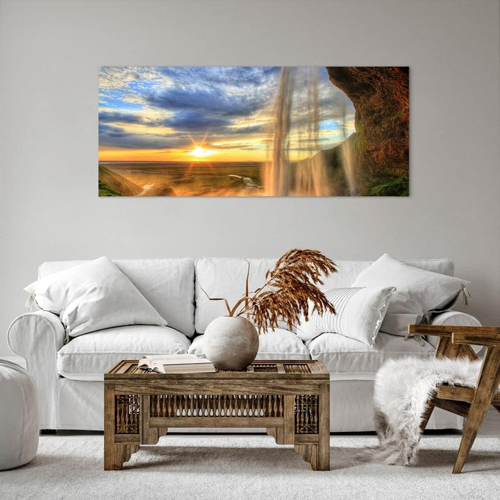 Wandbilder Dekoration Wohnzimmer Wasserfall Natur Park Sonne Panorama Bilder auf Leinwand 120x50cm L