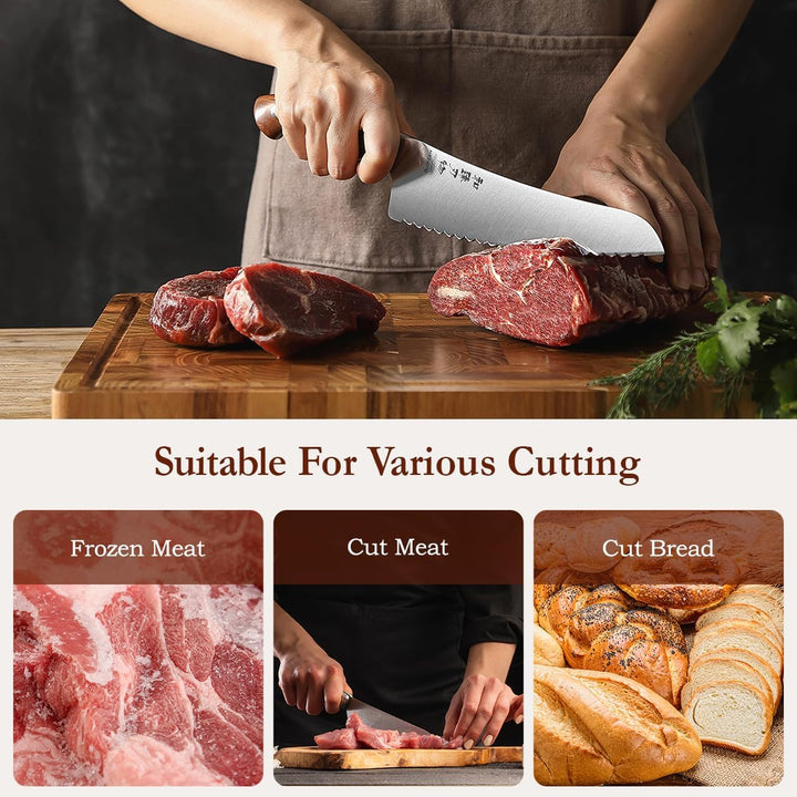 HEZHEN German Stahl Gefriergut Messer Gezahnte Klinge, Profi Küchenmesser für Gefrorenes Fleisch und