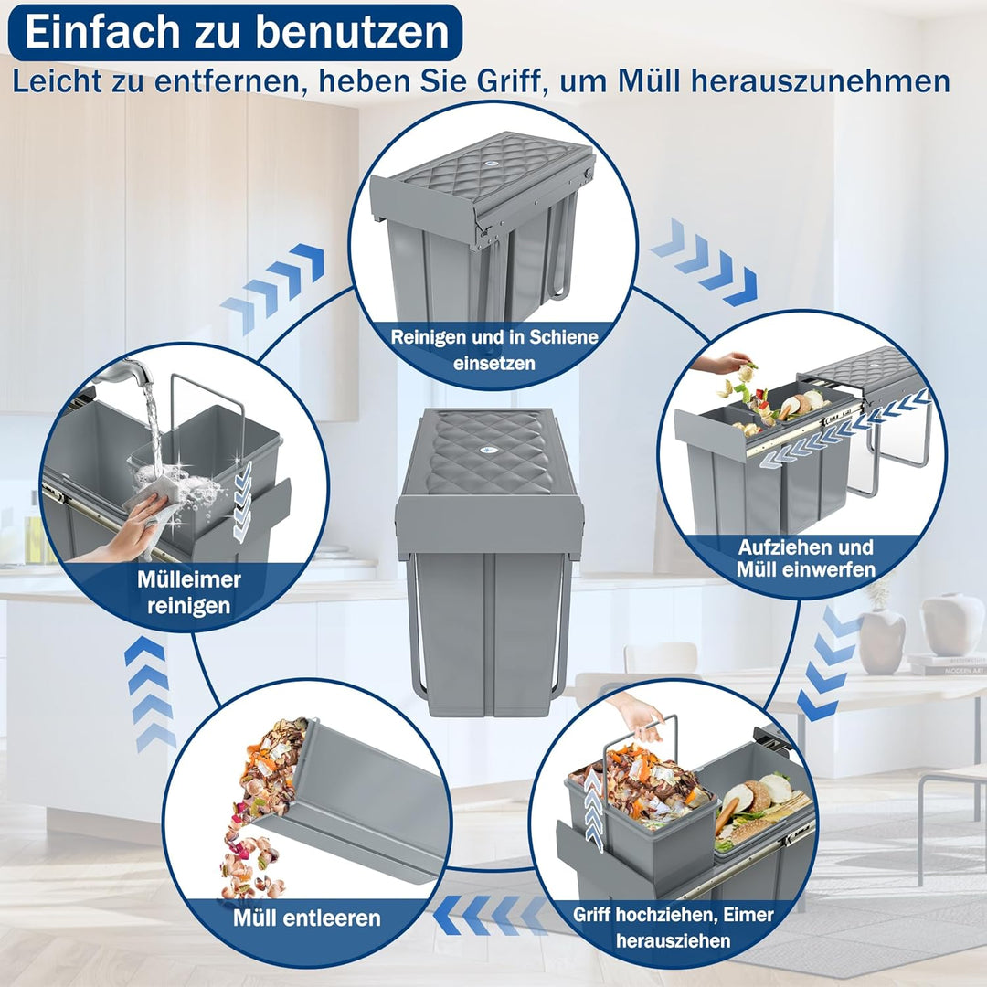 UISEBRT Mülleimer Küche Unterschrank Einbau Abfalleimer Ausziehbar Mülltrennsystem mit Rutsche Kunst