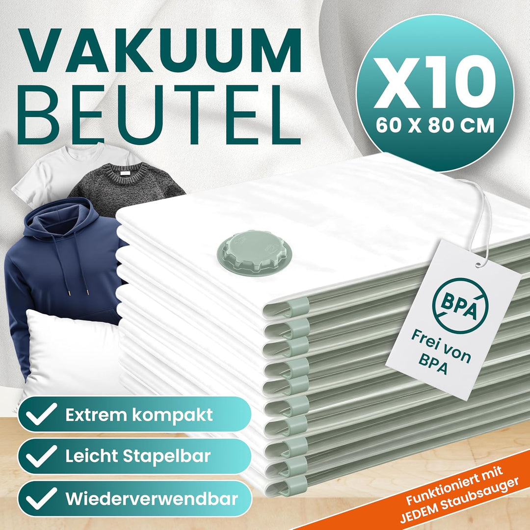 myHodo Vakuumbeutel für Kleidung (10 Stück 60x80 cm), Wiederverwendbare Aufbewahrungsbeutel zur Aufb