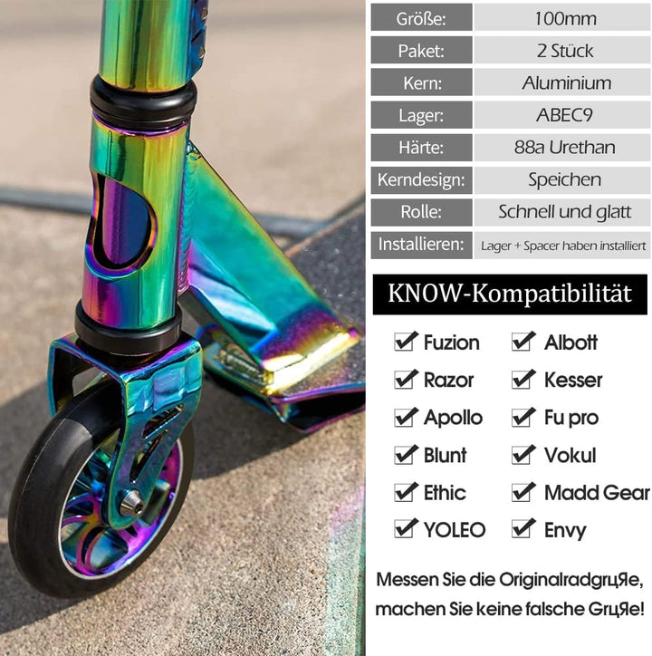100mm Scooter Rollen - 2 Stück 100mm Scooter Ersatzräder räder mit ABEC-9 Lager - Aluminium 88A stun