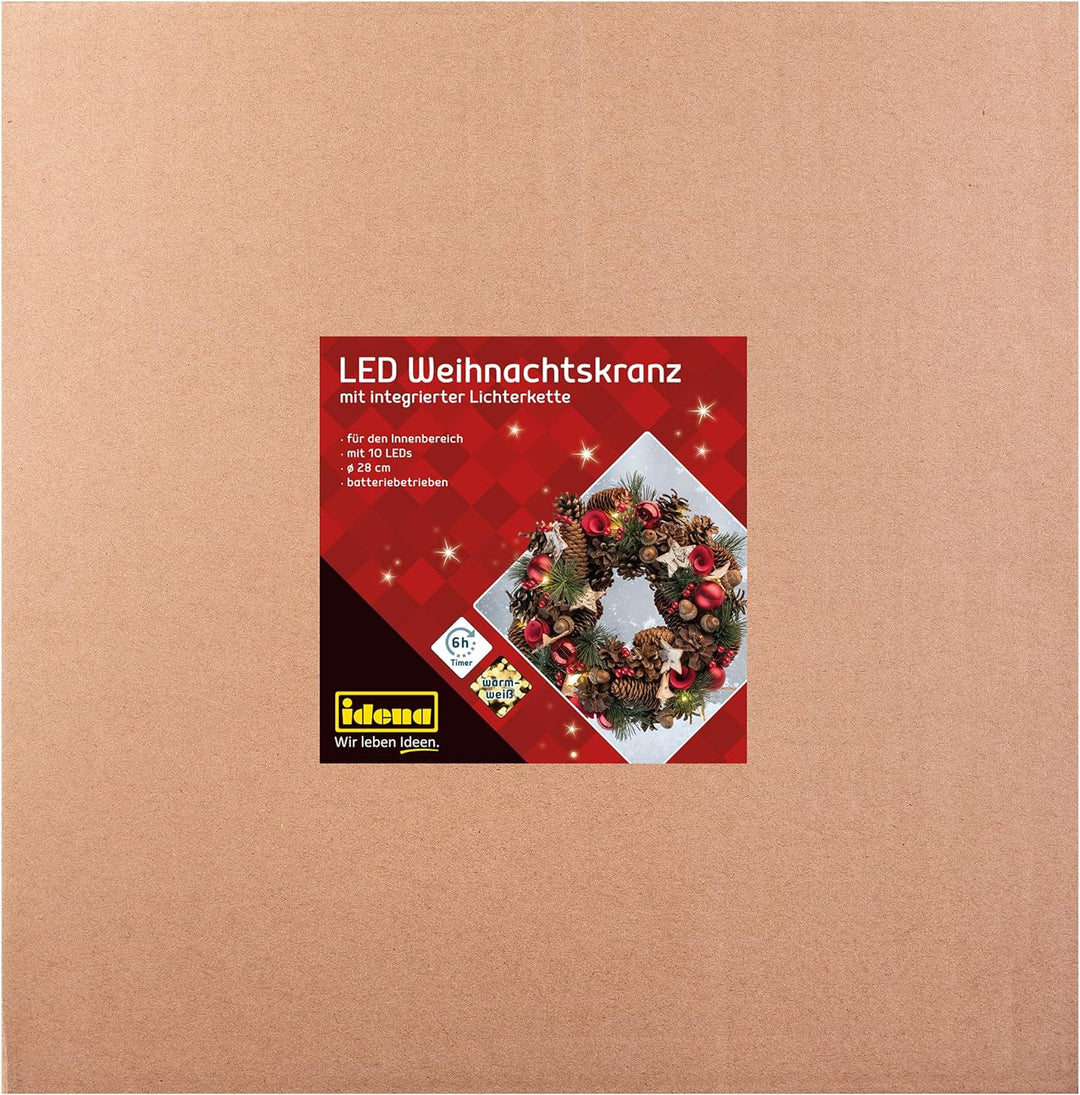 Idena 8585271 - LED Weihnachtskranz mit Lichter-Kette und 10 LED in Warmweiss, 6 Stunden Timer Funkt