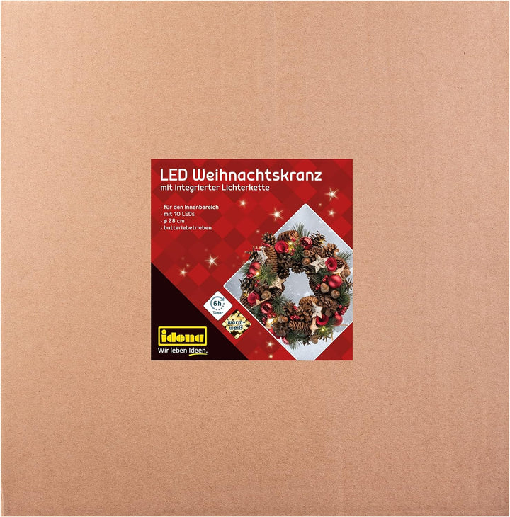 Idena 8585271 - LED Weihnachtskranz mit Lichter-Kette und 10 LED in Warmweiss, 6 Stunden Timer Funkt