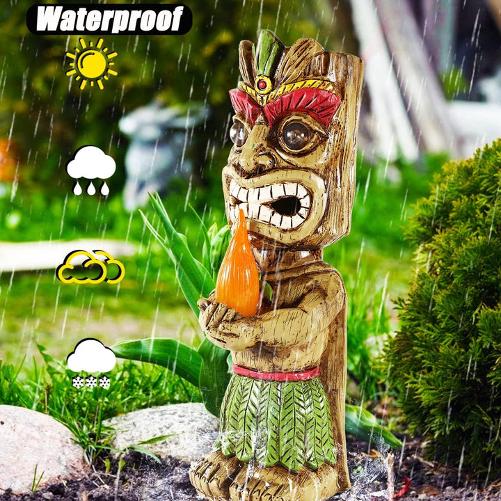 Solar Tiki Fackel Gartenstatue, Harz Tiki Dekor Figur mit solarbetriebenen Lichtern, hawaiianischer
