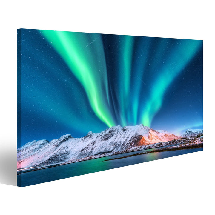 islandburner Bild Bilder auf Leinwand Nordlicht. Lofoten Inseln, Norwegen. Aurora.Grüne Nordlichter.