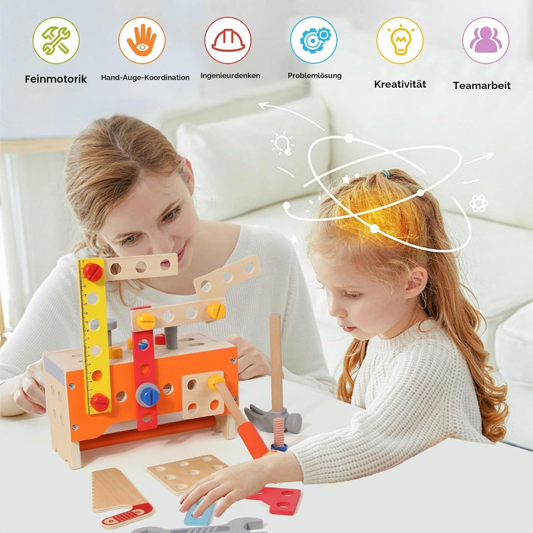 XIAPIA Werkzeugkoffer Kinder 124 Stück Deluxe-Anzug, Montessori Spielzeug ab 3 4 5 Jahre Werkbank au